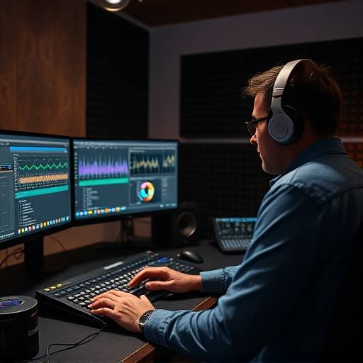 Persona che lavora su una workstation di sound design con diversi monitor e software